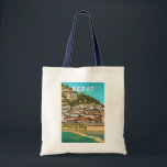 Bolso De Tela Berat Albania Viajes de arte<br><div class="desc">Diseño de viaje vectorial retro de Berat. Berat es una ciudad en el río Osum,  en el centro de Albania. Es conocida por sus casas blancas otomanas.</div>