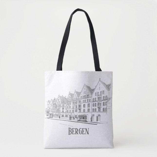 Bolso De Tela Bergen Noruega Bella Línea Streetscape Dibujo (Anverso)