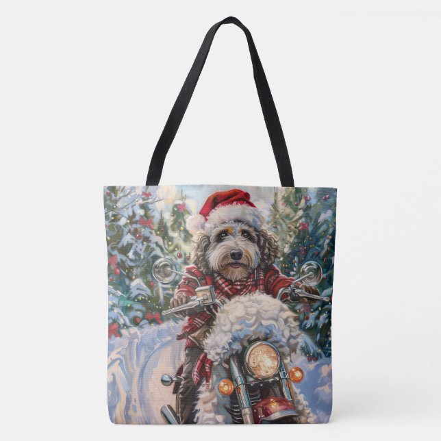 Bolso De Tela Bernedoodle Dog Riding Motorcycle Christmas (Anverso)