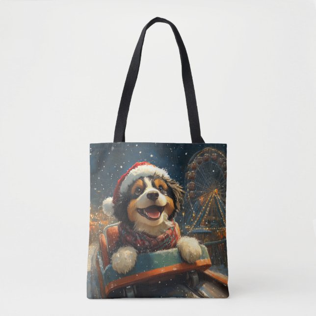 Bolso De Tela Bernedoodle Dog Roller Coaster Navidades (Anverso)