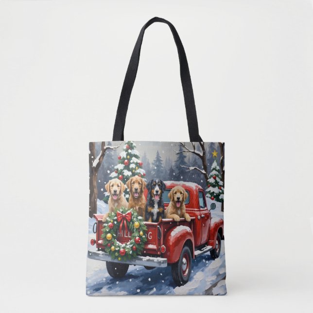 Bolso De Tela Bernedoodle Navidad Camión Rojo Fiesta (Anverso)