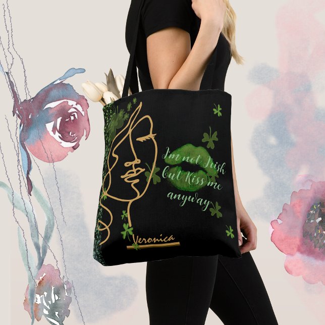 Bolso De Tela Bésame Shamrock negro (Kiss me Shamrock black Tote Bag , cute St Patrick's Day gift for her )