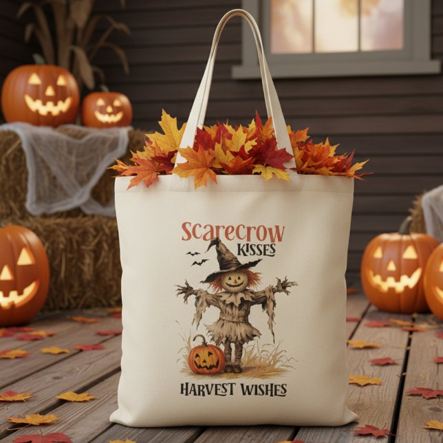 Bolso De Tela Besos de espantapájaros y deseos de cosecha en oto (Scarecrow Kisses and Harvest Wishes Vintage Autumn Tote Bag)