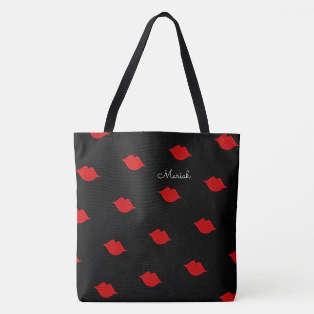 Bolso De Tela besos rojos con tu nombre en negro (Anverso)