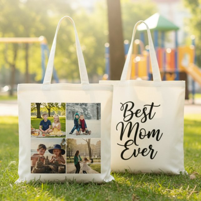 Bolso De Tela Best Mom Ever Black and White 4 Photo Collage (Subido por el creador)