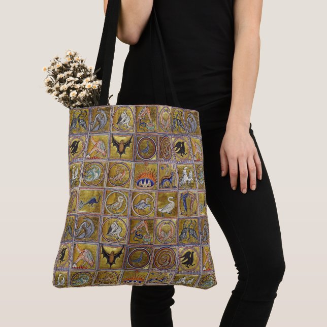 BOLSO DE TELA BESTIARIO MEDIEVAL, ANIMALES FANTÁSTICOS, AZUL ROJ (Detalle)