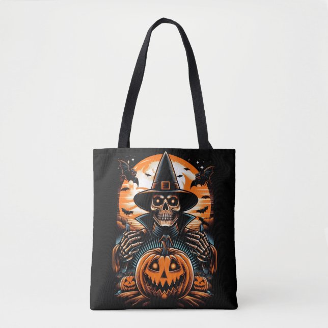Bolso De Tela Bewitando el esqueleto con la Halloween de Jack-O' (Anverso)