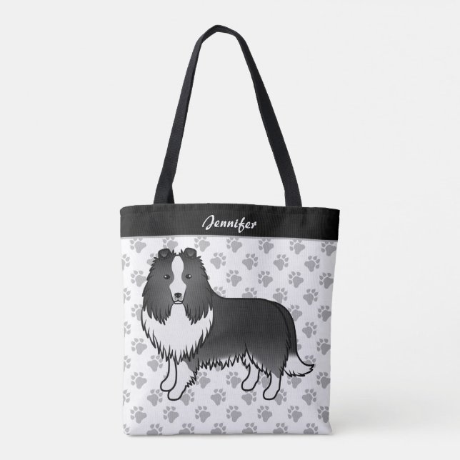 Bolso De Tela Bi-Black Shetland Sheepdog Cartog Dog & Name (Reverso)