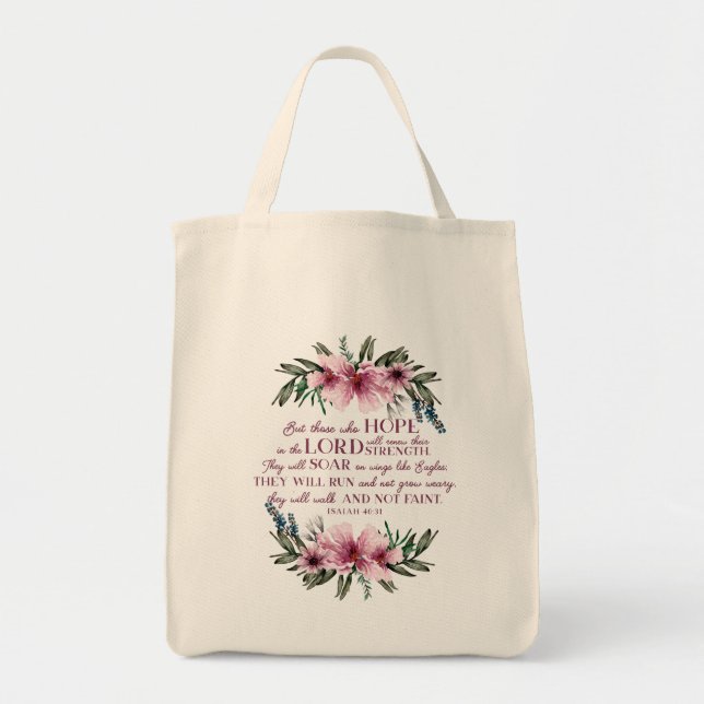 Bolso De Tela Biblia cristiana versus Rubor flor rosa (Frente)
