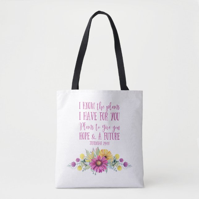 Bolso De Tela Bíblica cristiana verso acuarela floral (Anverso)