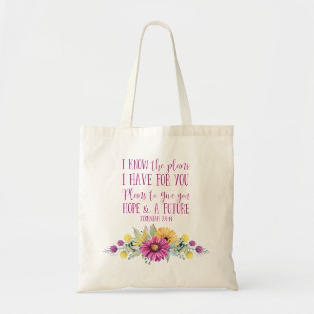 Bolso De Tela Bíblica cristiana verso acuarela floral (Frente)