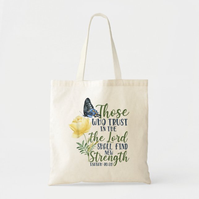 Bolso De Tela Bíblica cristiana versus mariposa Rosa flor Isaiah (Frente)