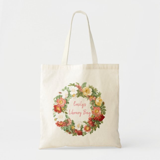 Bolso De Tela Biblioteca floral personalizada (Frente)