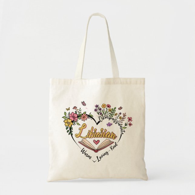 Bolso De Tela Bibliotecario compasivo - Diseño de Corazón Floral (Frente)