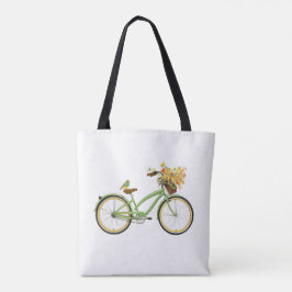 Bolso De Tela Bicicleta con canasta de flores y pájaro verde ama