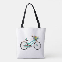 Bicicleta con canasta de pájaro y flores azul turq