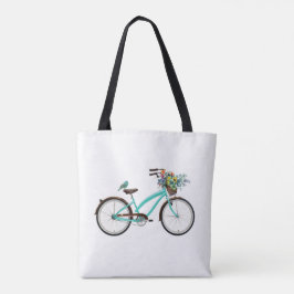 Bolso De Tela Bicicleta con canasta de pájaro y flores azul turq