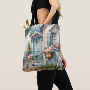 Bolso De Tela Bicicleta de algodón azul con cesta de flores de p