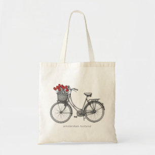 Bolso De Tela Bicicleta Vintage Sketch con Tulipanes Rojos
