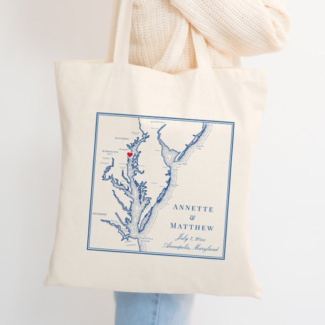 Bolso De Tela Bienvenida a Annapolis Maryland Chesapeake Bay Bod (Custom Annapolis Maryland wedding tote bag with navy blue map of Chesapeake Bay)