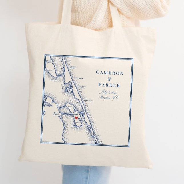 Bolso De Tela Bienvenida a Boda de la Marina Elegante de Manteo  (Custom Roanoke Island Wedding Tote Bag with Elegant Manteo North Carolina Map by Coastal Map Designs)