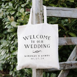 Bolso De Tela Bienvenida a Boda de Letras Vintage<br><div class="desc">Sencillo y moda boda bienvenida a las bolsas de tote con "bienvenido a nuestro boda" en tipografía de bloques de estilo vintage negro con un florecimiento decorativo y sus nombres y fecha boda debajo.</div>