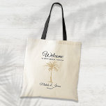 Bolso De Tela Bienvenida a Boda de Palm Tree de Oro Moderno<br><div class="desc">Bienvenido a sus huéspedes con estilo con esta bolsa de tote personalizado con una palmera dorada de moda, sus nombres y fecha boda, perfecta para una celebración de playa o destino. Diseñado para bodas de destino, este tote personalizado muestra un motivo de palmera dorado y una tipografía elegante, y es...</div>