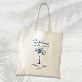 Bolso De Tela Bienvenida a Boda de Palm Tree Tropical Azul Moder