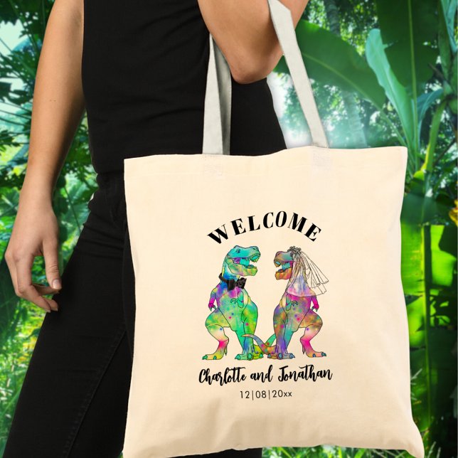Bolso De Tela Bienvenida a Boda de T-Rex Bride y Groom Dinosaur (Colorful T-Rex bride and groom dinosaur themed wedding welcome tote bag)