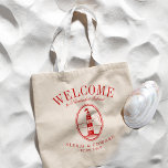 Bolso De Tela Bienvenida a Crimson, Personalizado del faro de Vi<br><div class="desc">Un conjunto único de bolsos de personalizado a la medida de su estilo playero o boda de destino. Incluye un texto de bienvenida seguido del nombre del lugar o de la persona que recibe la bolsa. Bajo este techo hay un faro de estilo vintage de color rojo. Todos los elementos...</div>