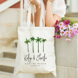 Bolso De Tela Bienvenida a la boda de destino de palmeras<br><div class="desc">Bienvenidos a su boda de destino con esta moda y modernas bolsas de té personalizadas. El diseño incluye cuatro ilustraciones verdes de palmera con los nombres debajo de las letras manuscritas. Personalice con su destino boda bajo (mostrado con Laguna Beach) en letras clásicas de serif, así como el año. ¡Nos...</div>
