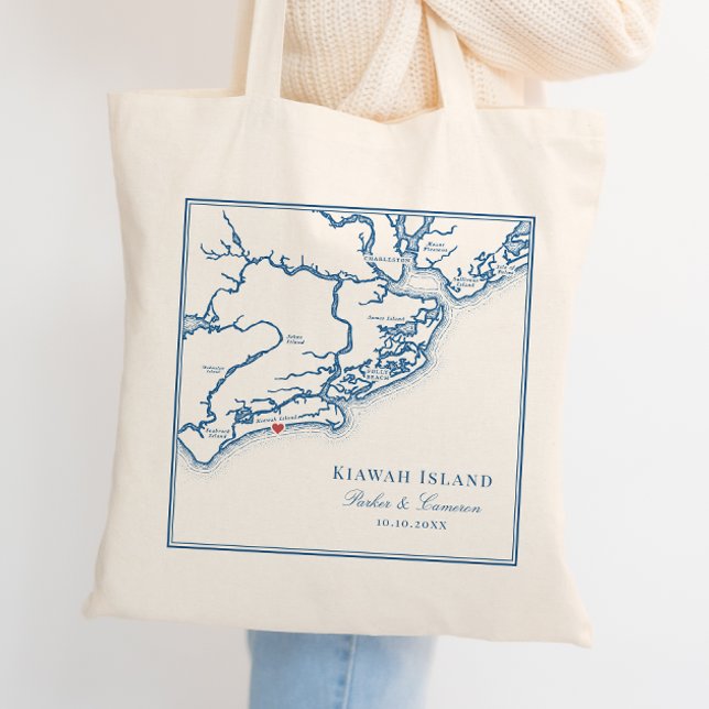 Bolso De Tela Bienvenida a la Marina Azul de la Isla Kiawah (Elegant Kiawah Island SC Wedding Tote bag navy blue. Welcome bag wedding favor Coastal Map Designs)