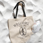 Bolso De Tela Bienvenida a Personalizado de Vintage Lighthouse B<br><div class="desc">Un conjunto único de bolsos de personalizado a la medida de su estilo playero o boda de destino. Incluye un texto de bienvenida seguido del nombre del lugar o de la persona que recibe la bolsa. Debajo hay un faro de estilo vintage de negro. Todos los elementos del diseño son...</div>