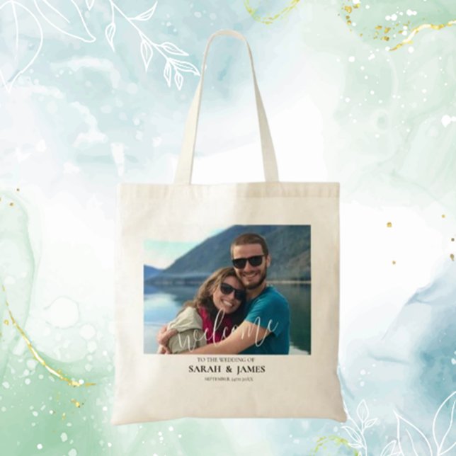 Bolso De Tela Bienvenida a un Boda relajado personalizado Foto M (Create a heartfelt first impression with a custom photo modern relaxed wedding welcome tote bag. )