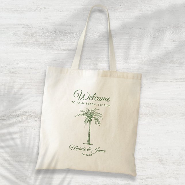 Bolso De Tela Bienvenida al Boda de la Palm Tree Tropical Verde  (Sage Green Tropical Palm Tree Wedding Welcome Tote Bag)