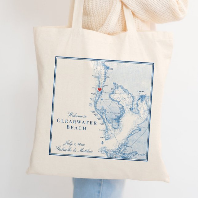Bolso De Tela Bienvenida al Boda de Mapa de Clearwater Beach Flo (These Clearwater Beach Florida wedding tote bags are perfect for your Florida destination wedding)