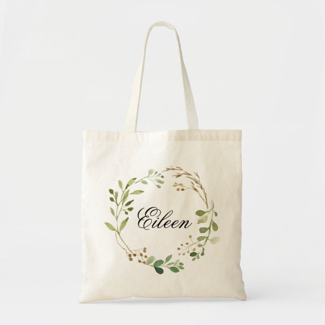 Bolso De Tela Bienvenida Boda de Greenery Wreath (Frente)