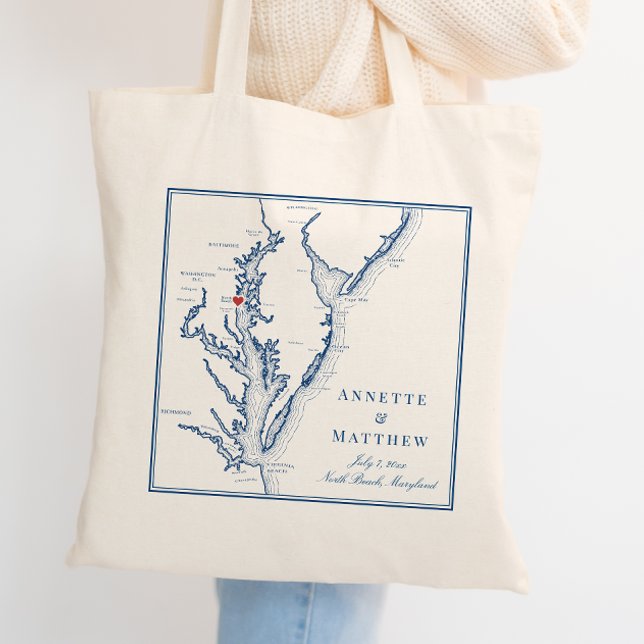 Bolso De Tela Bienvenida Boda de la Marina Elegante de North Bea (Personalized North Beach Maryland Wedding Favor Tote Bag in elegant navy blue by Coastal Map Designs)