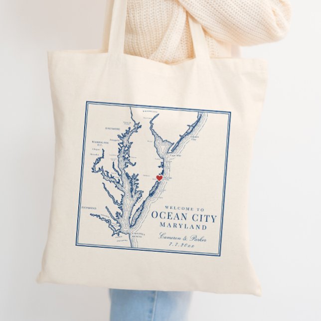 Bolso De Tela Bienvenida Boda de la Marina Elegante de Ocean Cit (Ocean City MD Wedding Guest Welcome Bag in elegant navy blue from Coastal Map Designs)
