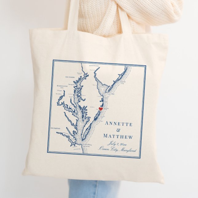 Bolso De Tela Bienvenida Boda de la Marina Elegante de Ocean Cit (Ocean City Maryland Wedding Favor Welcome Tote Bag in elegant navy blue from Coastal Map Designs)