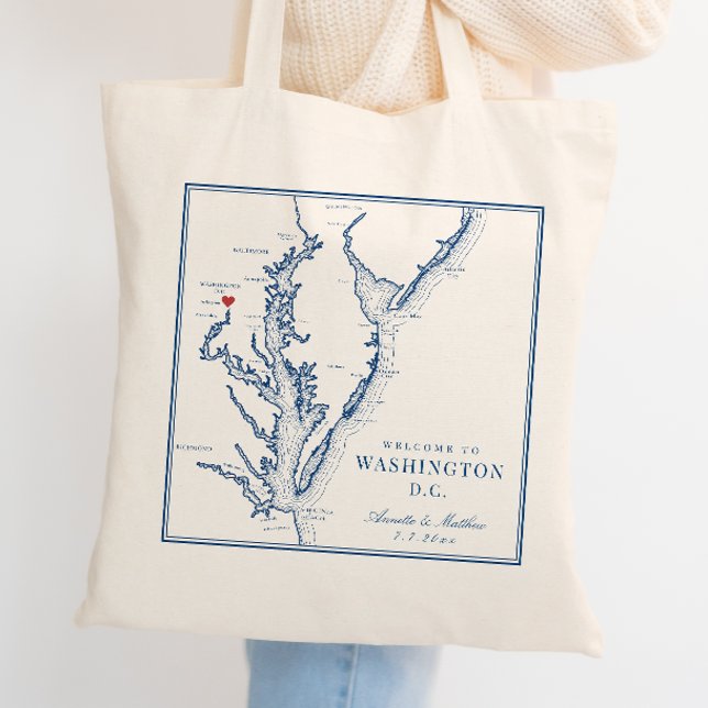 Bolso De Tela Bienvenida Boda elegante de la Marina de Washingto (Washington DC Map Wedding Favor Tote Bag with elegant navy blue Chesapeake Bay illustration)