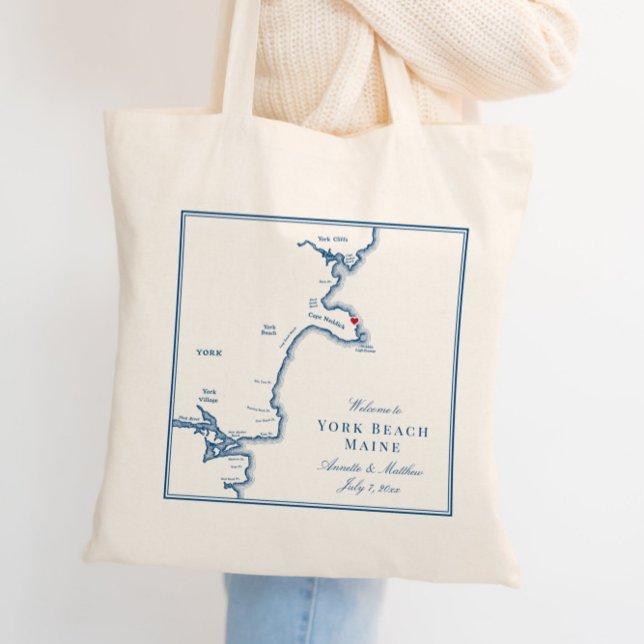Bolso De Tela Bienvenida de la Boda Elegante en el Mapa de Maine (These York Beach, Maine map Wedding Tote Bags are perfect for your coastal destination wedding.)