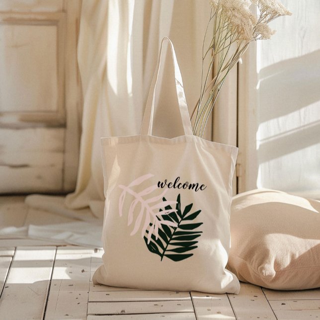 Bolso De Tela Bienvenida | Palm Getaway Tote Bag (Pink and green palm leaves wedding bachelorette party welcome tote bag.)