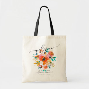 Bolso De Tela Bienvenido Flores Acuarela Naranja Ombre+Verde Tea