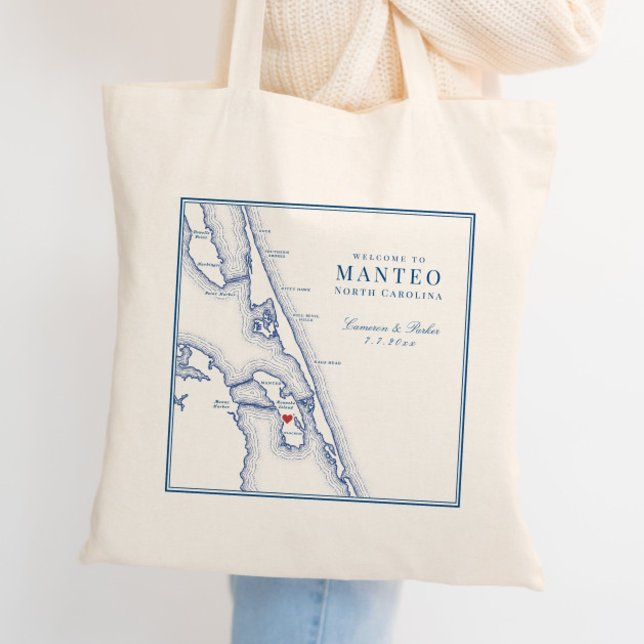 Bolso De Tela Bienvenidos a Manteo NC Roanoke Boda (Manteo NC map Wedding Tote Bag or Wedding Favor Welcome Bag by Coastal Map Designs)