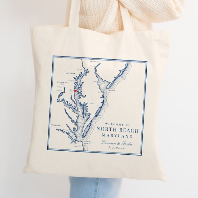 Bolso De Tela Bienvenidos a North Beach Maryland Elegant Wedding (Welcome To North Beach Maryland Wedding Tote Bag in elegant navy blue from Coastal Map Designs)