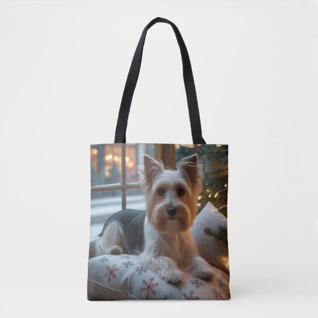 Bolso De Tela Biewer Terrier With Christmas Lights Holiday (Anverso)