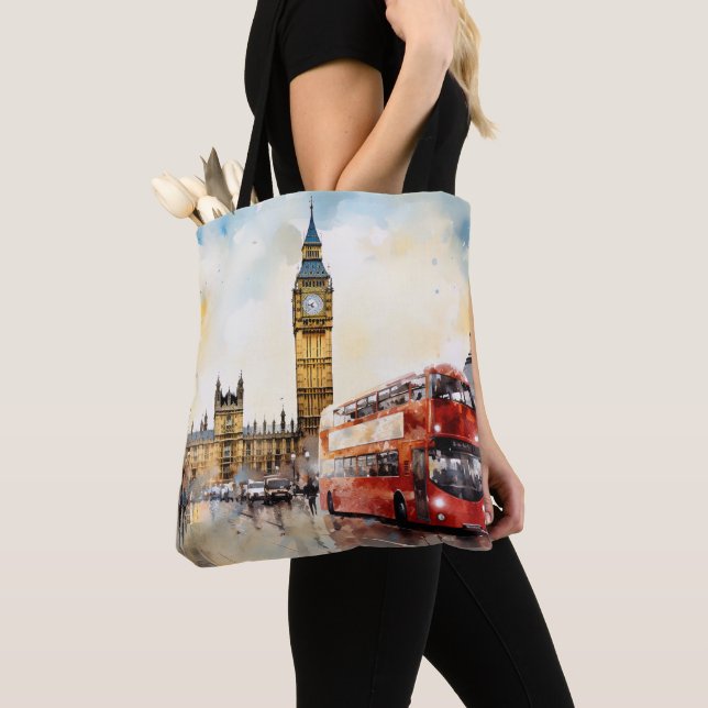 Bolso De Tela Big Ben y autobús rojo en Londres (Detalle)