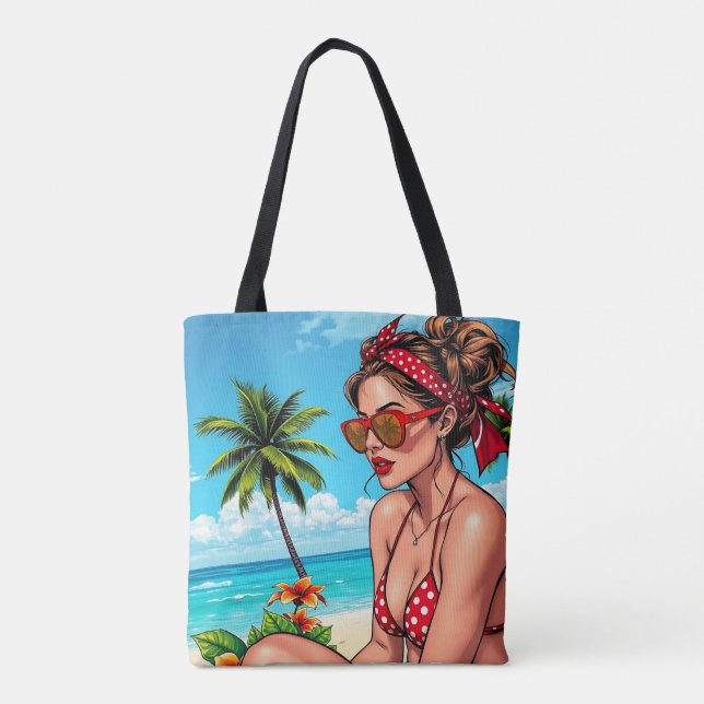 Bolso De Tela Bikini rojo, gafas de sol y mujer andana (Reverso)