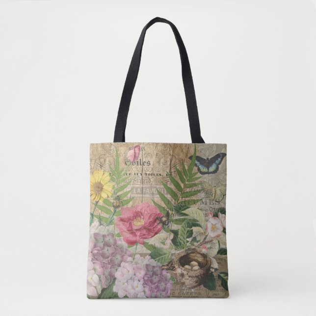 Bolso De Tela Bird Nest Floral Jardín Flor Mariposa Arte (Anverso)